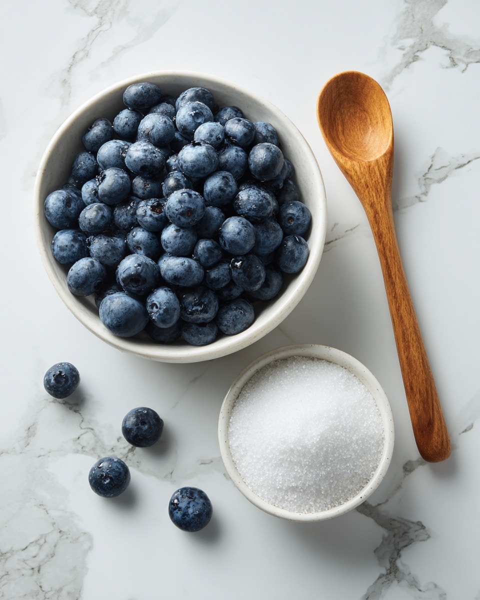 Top-down professional food photography, flat lay style, bright white marble countertop, neatly arranged, evenly spaced, tidy, clean organized layout, include: bowl of fresh blueberries, small bowl of granulated sugar, wooden spoon on the side, bright soft natural lighting, sharp focus, high detail textures, realistic reflections, professional DSLR look, 4K, no finished dish, no cooked food, no hands, no text, no watermark, no brand logos --ar 4:5 --v 7