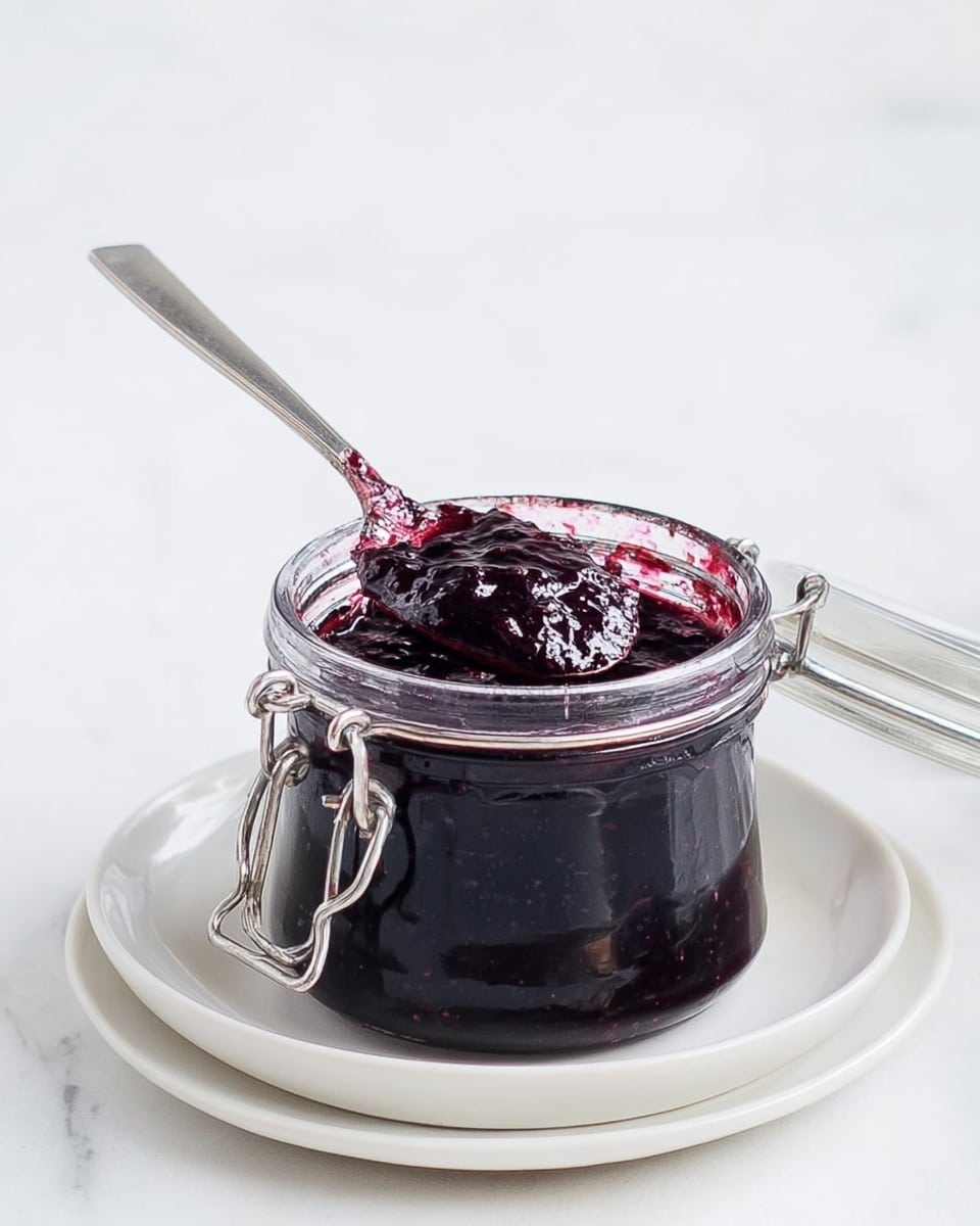 A small clear glass jar full of thick, dark purple jam with a shiny texture is placed on a white plate. The jar's metal clasp is open, and a silver spoon is resting inside, holding a scoop of the jam, showing its chunky and sticky consistency. The jam has some smudges on the jar's rim and lid, adding a casual, homemade feel. The scene has a clean white marbled background. photo taken with an iphone --ar 4:5 --v 7