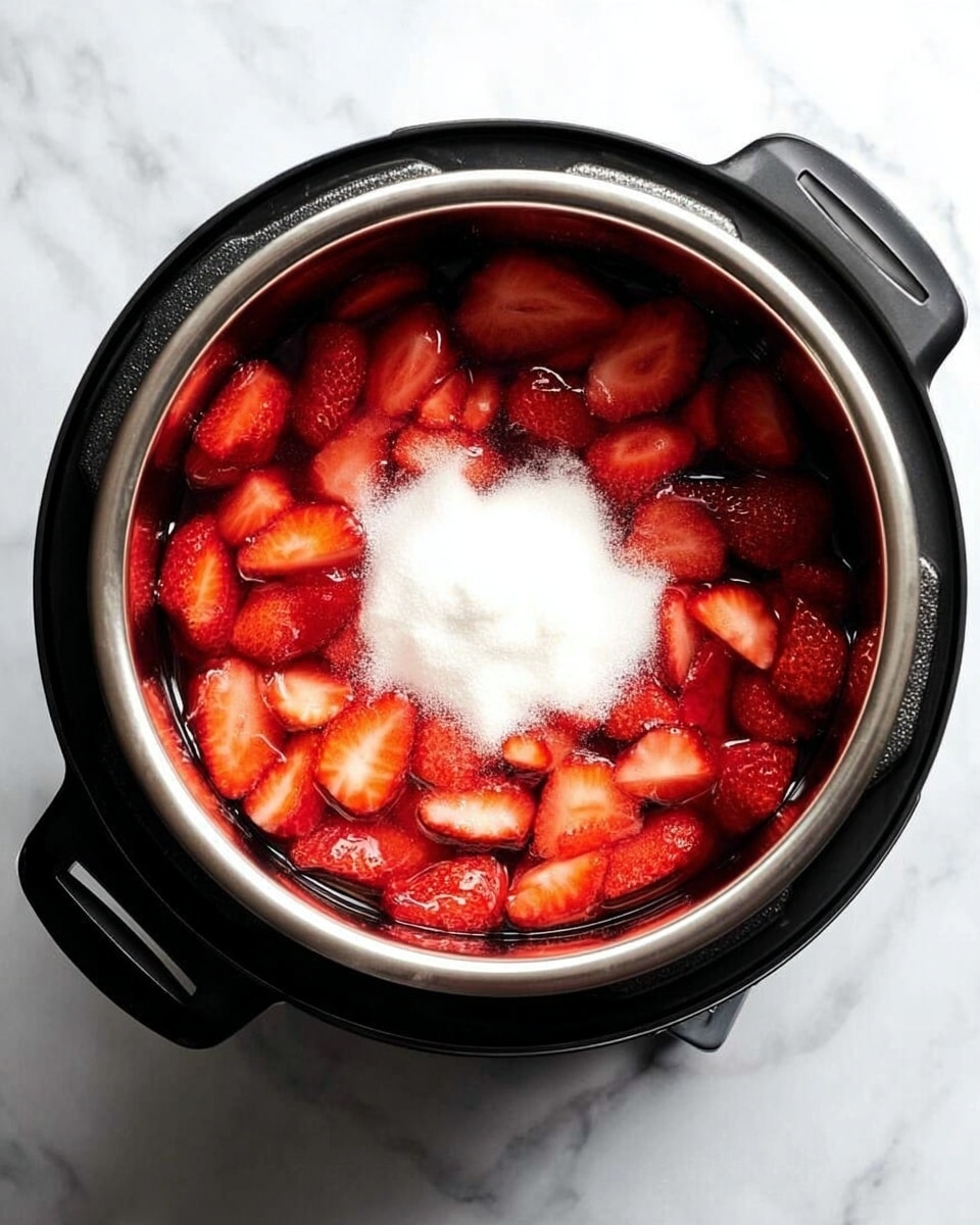 The image shows a top view of a black electric pot with a shiny silver inner pot on a white marbled surface. Inside the pot, there are many red strawberry pieces evenly spread out in one layer, with white granulated sugar poured in the middle, forming a mound on top of the strawberries. The strawberries have a bright red color and show a slightly wet texture. The edges of the pot are visible, with handles on the sides. Photo taken with an iphone --ar 4:5 --v 7