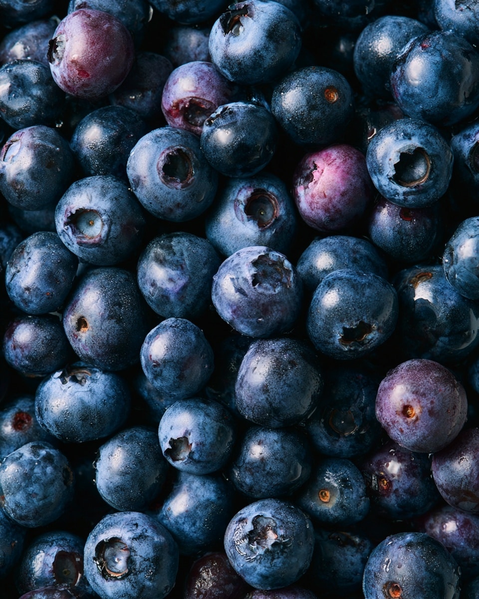 The image shows a close-up view of many fresh blueberries filling the entire frame. Each blueberry is round and plump with shades of deep blue, purple, and hints of black, with a slightly shiny, smooth skin texture. The berries vary slightly in size and have some natural surface details like small scars and the tiny crown shapes on top. The background is not visible as the whole image is covered by the densely packed blueberries. photo taken with an iphone --ar 4:5 --v 7