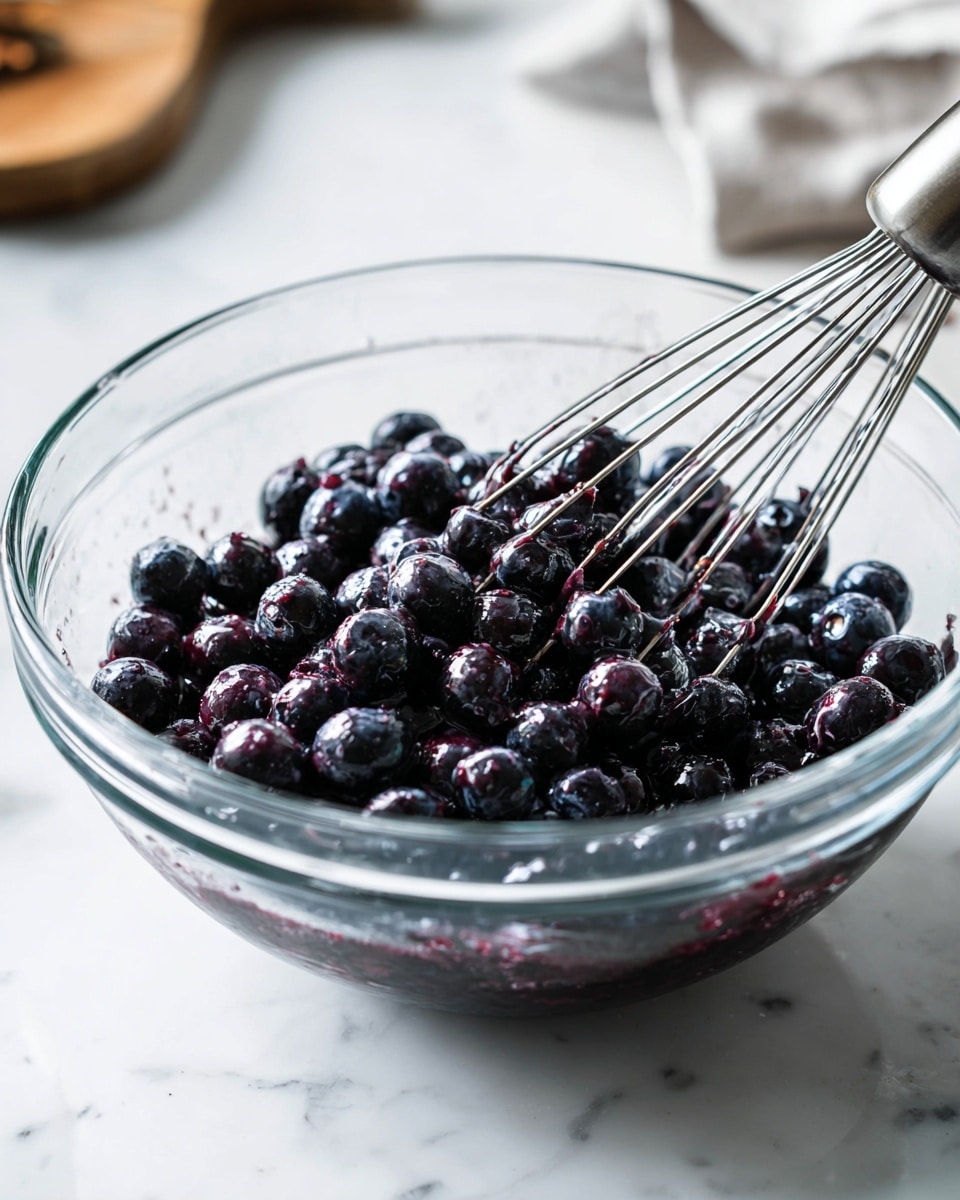 A clear glass bowl sits on a white marbled surface, filled nearly to the top with a layer of shiny, dark blue blueberries. The blueberries are mixed with a slightly purple juice, giving a wet and juicy texture. A metal potato masher is pressed into the fruit, its thin vertical and horizontal bars partly submerged among the berries, creating small squished spots and mashed sections. The background shows a blurred kitchen scene with soft lighting. Photo taken with an iphone --ar 4:5 --v 7