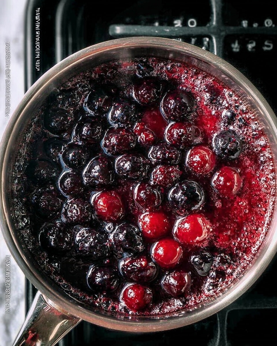 A small silver pot is filled with dark purple and black berries being cooked, with some bright red, glossy juice bubbling around the fruit. The berries look soft and shiny, with some whole ones visible among the thick liquid. The pot is on a black stove with white markings around the burner. The background is a white marbled surface. Photo taken with an iphone --ar 4:5 --v 7