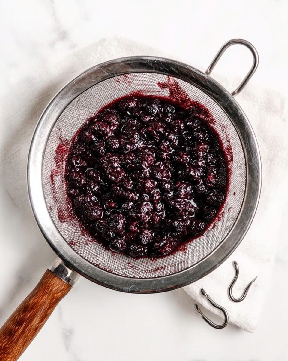 A top view of a silver mesh sieve filled with dark purple crushed berries and juice, showing the texture of whole and broken berries. The sieve has a wooden handle on the left side and two small hooks on the right side resting on a white marbled surface. The deep purple color contrasts with the shiny silver mesh and the white background. photo taken with an iphone --ar 4:5 --v 7