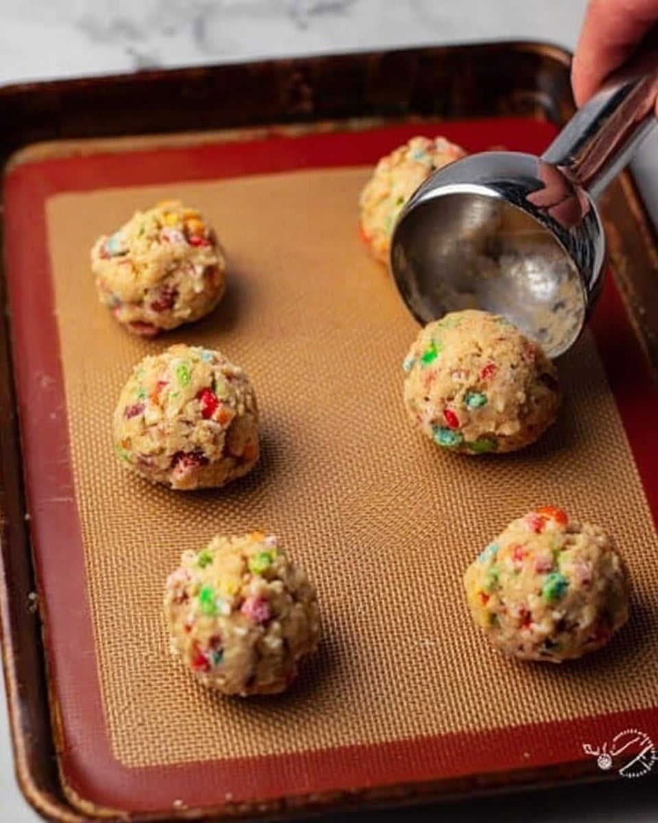 The image shows five small round balls of cookie dough placed evenly on a baking tray covered with a brown non-stick mat. Each dough ball is multicolored, with visible bits of green, red, white, and yellow mixed through the light beige dough, indicating candies or sprinkles inside. A shiny silver ice cream scoop held by a woman's hand is seen placing another dough ball on the tray near the top right corner. The background surface under the tray is a white marbled texture. photo taken with an iphone --ar 4:5 --v 7