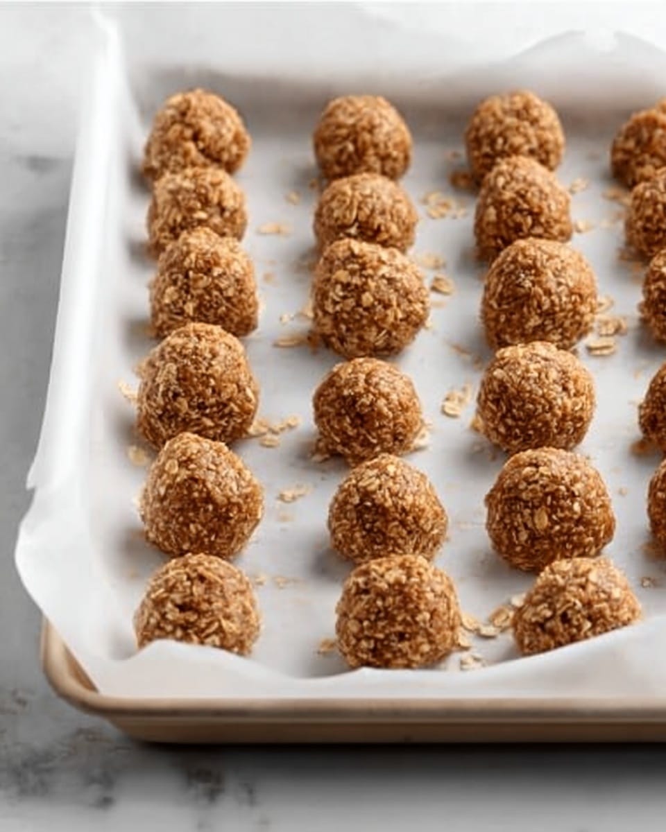 The image shows a white baking tray lined with white parchment paper on a white marbled surface. On the parchment paper, there are several evenly spaced small brown cookie dough balls lined up in neat rows, each ball having a rough texture with visible oats. The cookie dough balls are small and round, arranged carefully across the tray. Photo taken with an iphone --ar 4:5 --v 7