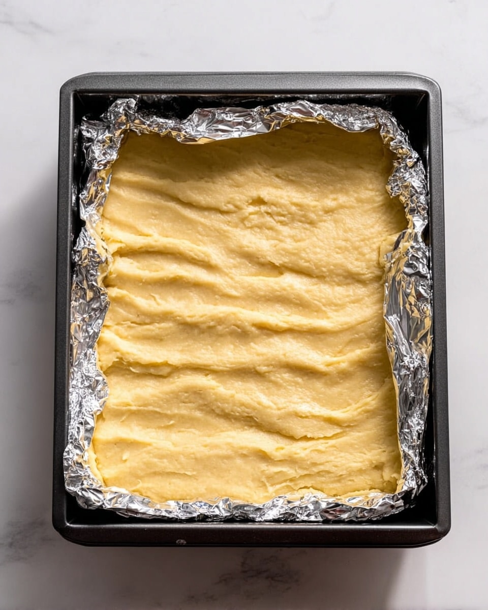 A rectangular baking pan lined with crinkled aluminum foil holds a thick, smooth layer of pale yellow dough evenly spread across the entire surface. The dough has a soft, slightly textured appearance with small indentations and gentle waves, showing that it was pressed or smoothed by fingers, covering the pan fully with some edges of foil folded over the sides. The background is a white marbled surface. photo taken with an iphone --ar 4:5 --v 7