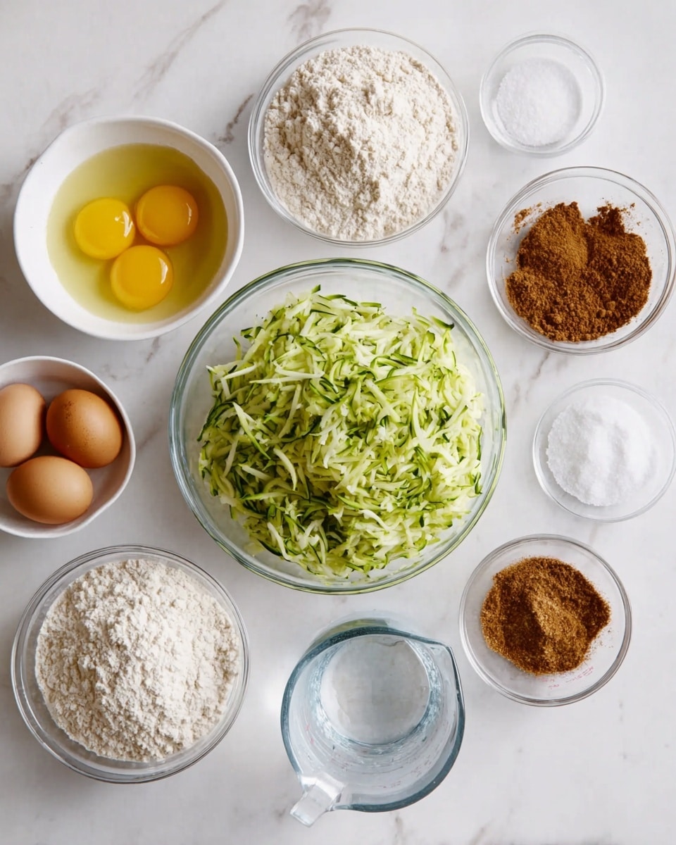 A white marbled surface holds several clear and white bowls arranged neatly for baking. In the center, a clear glass bowl contains shredded green zucchini with light and dark green shades. Surrounding it are smaller white bowls: one with three raw eggs with bright yellow yolks, one with white sugar, and one with brown cinnamon powder. There are also clear glass bowls with light brown and white flour. A small glass bowl with white salt, another with baking soda, and a clear measuring cup with a transparent liquid complete the setup. All items are evenly spaced and placed from a top-down view. Photo taken with an iphone --ar 4:5 --v 7