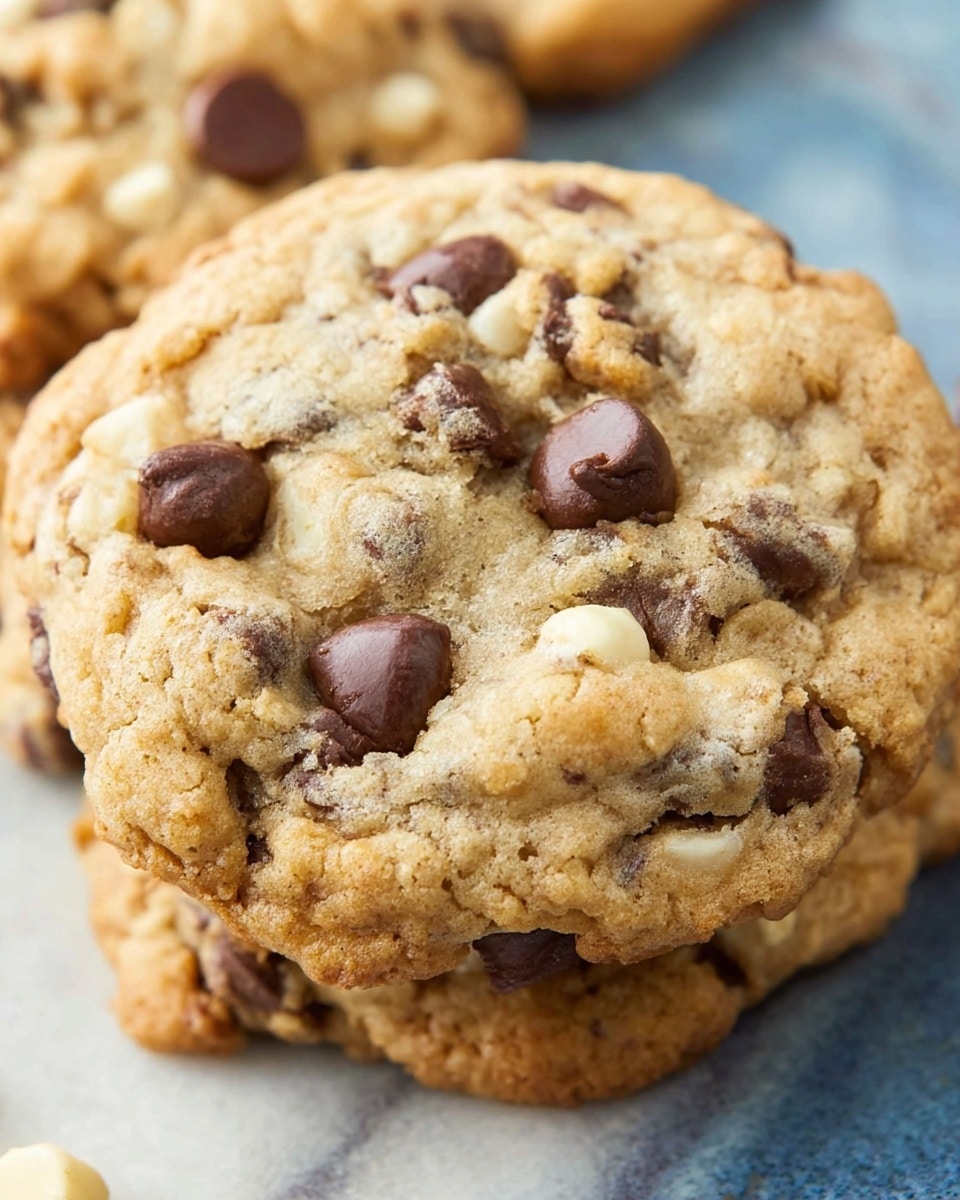 A close-up view shows a single thick cookie on the top of a stack on a white marbled surface, the cookie is light golden brown with many chocolate chips spread unevenly across its rough, soft texture; the chips are dark brown and some are slightly melted, adding shades of glossy darkness to the cookie's bumpy surface; through the cookie’s light color, small chunks of lighter nuts or white chocolate pieces are visible, adding contrast; the focus is sharp on the top cookie, with other cookies slightly blurred in the background, sitting on a white marbled texture; photo taken with an iphone --ar 4:5 --v 7