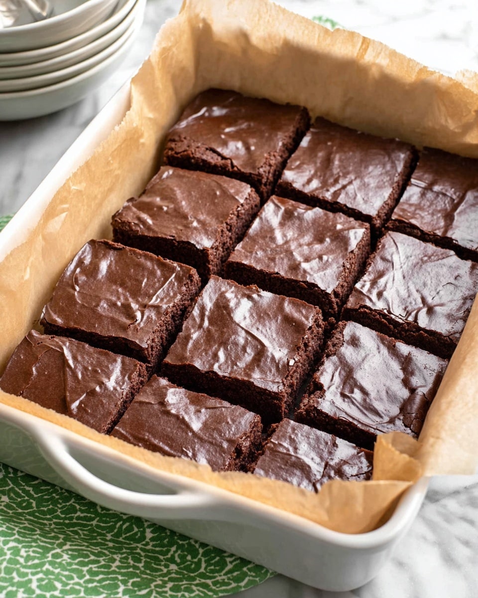 A rectangular white baking dish lined with light brown parchment paper holds sixteen evenly cut squares of dark chocolate brownies. Each brownie square has a smooth, shiny top with slight wrinkles and cracks, showing a dense, rich texture beneath. The edges are straight, and the glossy surface reflects light softly. The dish is placed on a white marbled surface with part of a green and white patterned cloth visible on the bottom left side, and some stacked white bowls can be seen in the background. photo taken with an iphone --ar 4:5 --v 7