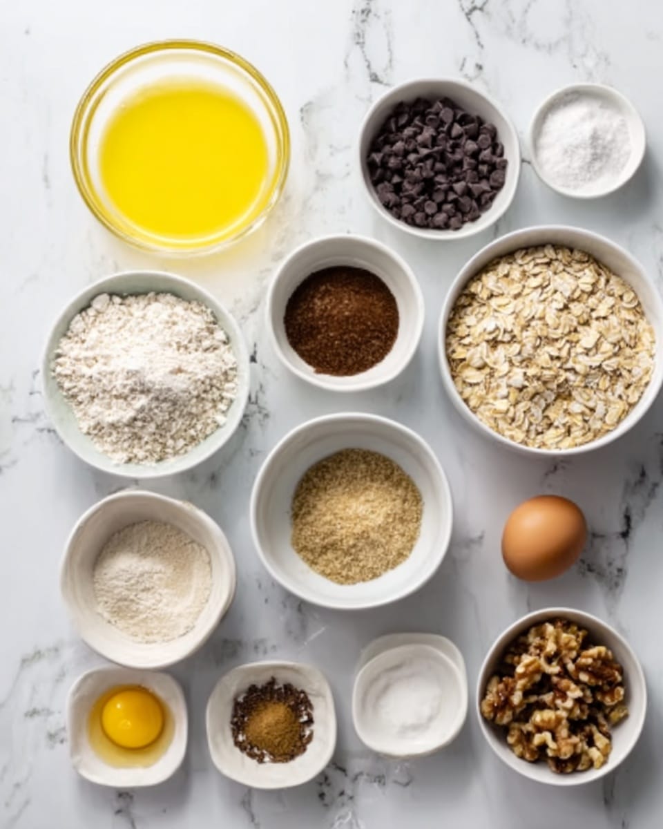 The image shows several small white bowls arranged on a white marbled surface, each holding different ingredients for baking. There is a large clear glass bowl with melted yellow butter, a white bowl with dark chocolate chips, another white bowl with light brown rolled oats, and a white bowl filled with white flour. Smaller white bowls contain a brown powder (likely cinnamon), a beige crumbly mixture, some coarse white sugar, and a bowl of chopped walnuts. A small clear bowl holds a single egg yolk, and a white bowl has a full egg. The arrangement is neat, with all bowls clearly visible and spaced evenly on the surface, showing a variety of colors and textures like smooth liquid, crumbly nuts, and powder. Photo taken with an iphone --ar 4:5 --v 7
