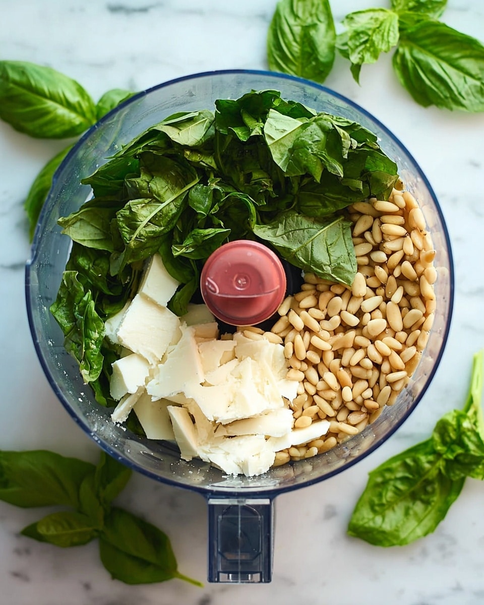 Top view of a clear food processor bowl on a white marbled surface filled with fresh green basil leaves as the bottom layer, with a layer of light brown pine nuts mostly covering the basil on one side, and small white chunks of cheese piled on the opposite side. A few basil stems and leaves are placed in the background outside the bowl. Photo taken with an iphone --ar 4:5 --v 7