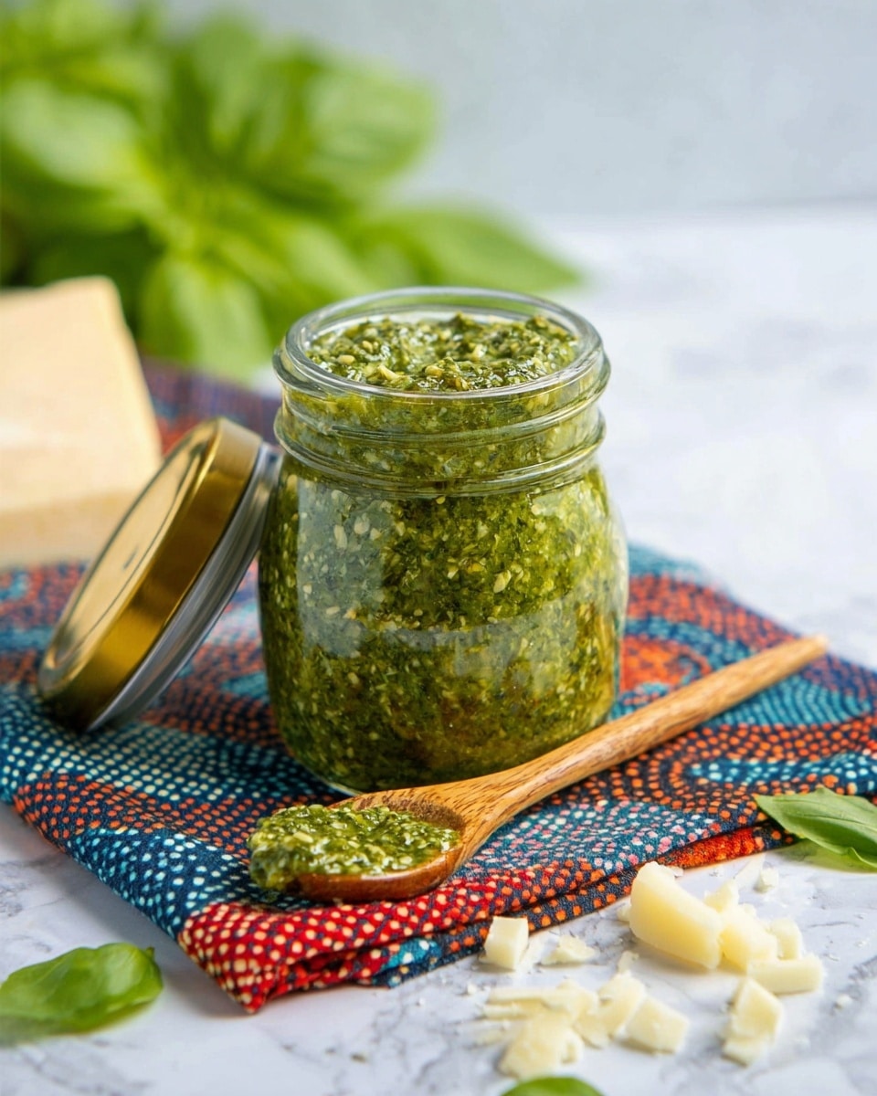 A clear glass jar filled to the top with thick green pesto sauce that shows small bits of herbs and oil inside, with the jar lid resting open to the left side. The jar sits on a colorful cloth with red, blue, and orange dotted lines, placed on a white marbled surface. In front of the jar, there is a wooden spoon lying flat, holding a small amount of the pesto sauce. Scattered around the jar and spoon are small chunks of pale yellow cheese along with a few bright green basil leaves. In the blurred background, fresh basil leaves are visible, adding a leafy green layer behind the jar. Photo taken with an iphone --ar 4:5 --v 7