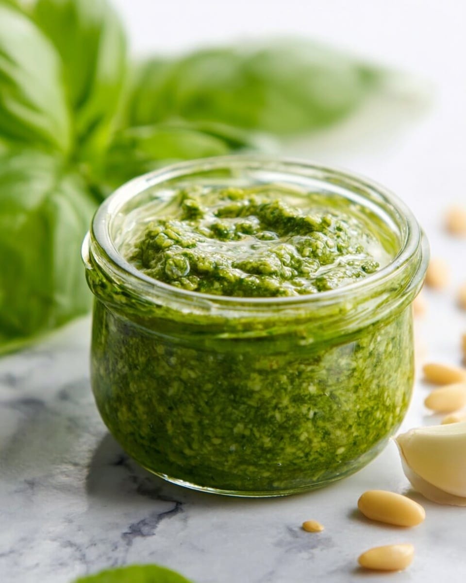A small clear glass jar is filled with thick, vibrant green pesto sauce that has a slightly chunky texture. The jar is placed on a white marbled surface with fresh green basil leaves to the left, some scattered pine nuts, and a peeled garlic clove on the right, all softly blurred in the background. Light reflects gently off the jar, highlighting the rich color and texture of the sauce inside. Photo taken with an iphone --ar 4:5 --v 7
