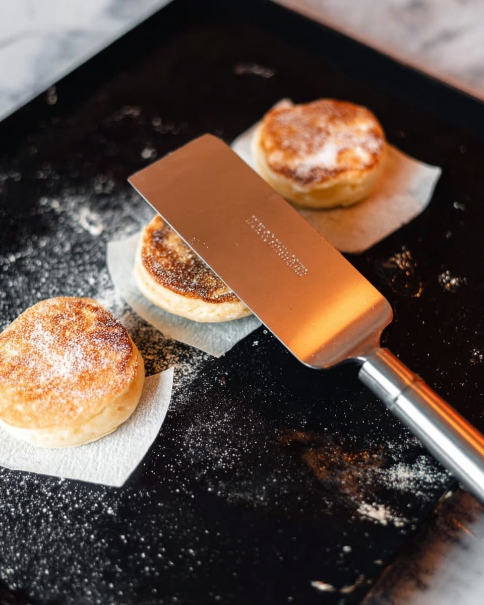 The image shows three small, round, golden-brown pastries cooking on a black flat pan sprinkled with flour. They have a slightly crispy texture on top and a soft inside. A metal spatula with a shiny silver surface is resting on a folded white paper on the pan. The pan has some butter or oil spots melted around the pastries, creating a slight shine. The background is a white marbled surface photo taken with an iphone --ar 4:5 --v 7