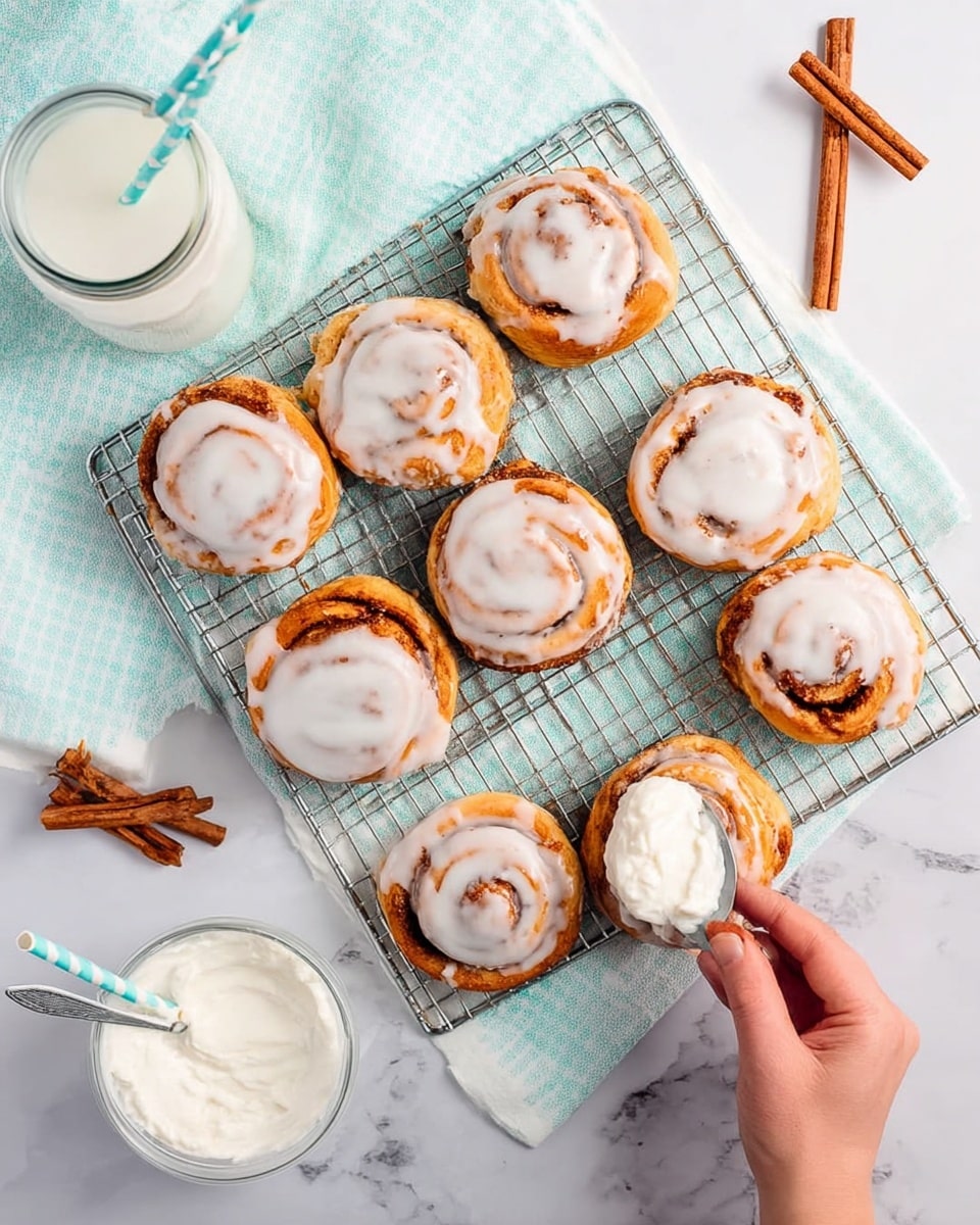 The image shows eight cinnamon rolls on a silver cooling rack placed over a white marbled surface. Each roll is round with a golden brown base and a thick layer of white icing on top, some parts of the cinnamon swirl showing through the icing. In the bottom right corner, a woman's hand holds a silver spoon, spreading smooth white icing on one cinnamon roll. To the left, a small clear glass bowl filled with white icing sits next to a folded white cloth with turquoise dots. Two white cartons with striped turquoise and white straws are positioned at the top corners of the frame. Three cinnamon sticks lay near the top left and bottom right edges. The lighting is bright and soft with a clear focus on the cinnamon rolls and the hand. photo taken with an iphone --ar 4:5 --v 7