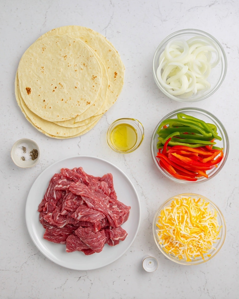 The image shows a top-down view of cooking ingredients on a white marbled surface with a simple layout. On the left, there are three folded pale yellow tortillas stacked, showing some brown spots. To the right, on a white plate, there is a pile of thinly sliced raw red meat with visible marbling. Above this plate is a small clear bowl with white onion slices. To the right of the onions, a larger clear bowl contains many thin strips of red and green bell peppers mixed. Below that, another clear bowl is full of shredded yellow and white cheese. Below the meat plate, there are two small white plates with one holding white salt and black pepper, and the other holding a small clear cup of a light yellow cooking oil. The colors and textures contrast well with the clean white marbled surface. Photo taken with an iphone --ar 4:5 --v 7