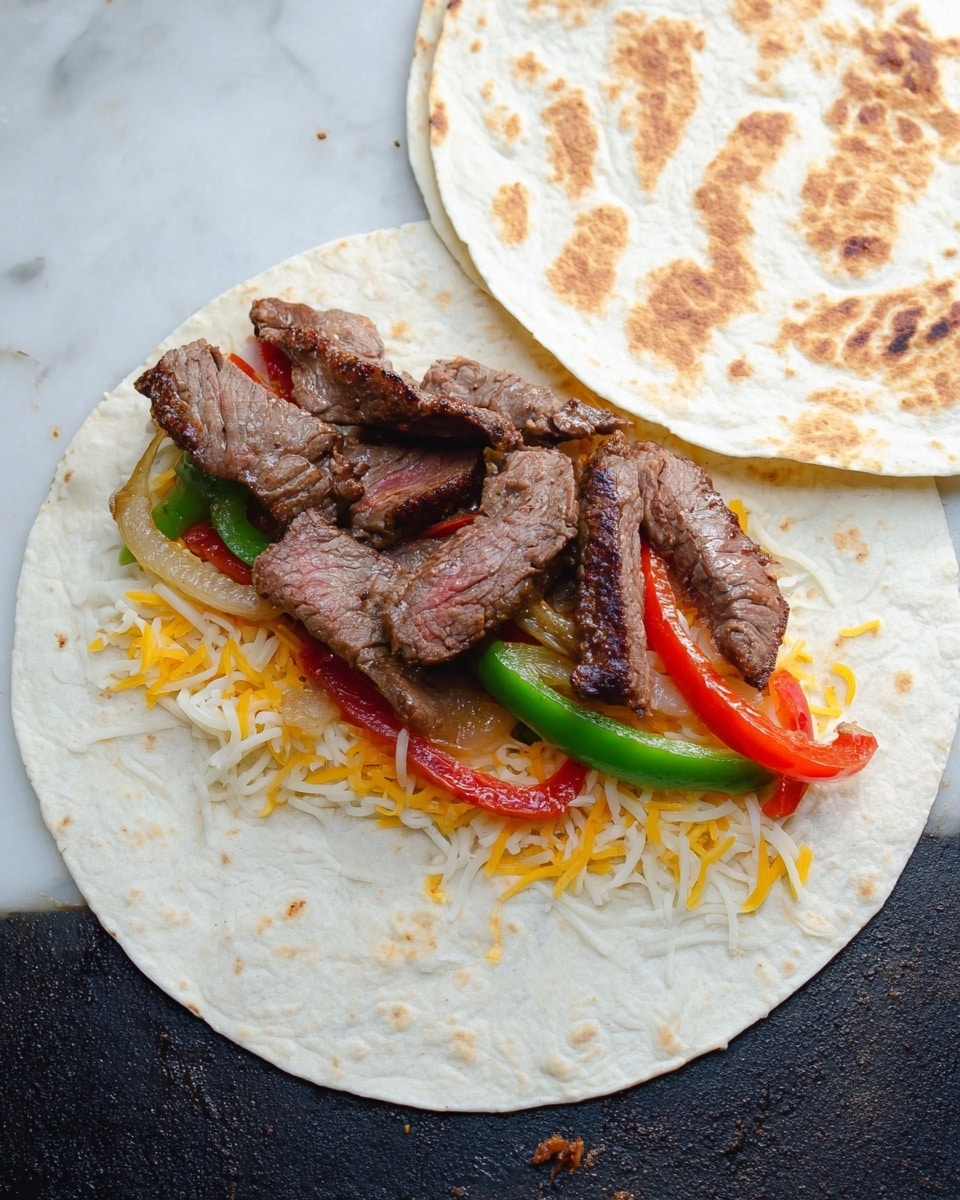 A white tortilla lies open on a white marbled surface with three layers of filling visible: the bottom layer is a mix of shredded yellow and white cheese, topped by thin slices of grilled red and green bell peppers along with cooked onions, and the top layer has several pieces of grilled steak with a slightly charred texture. Next to it, a folded white tortilla with a golden brown toasted pattern is partially visible on the same surface. Photo taken with an iphone --ar 4:5 --v 7