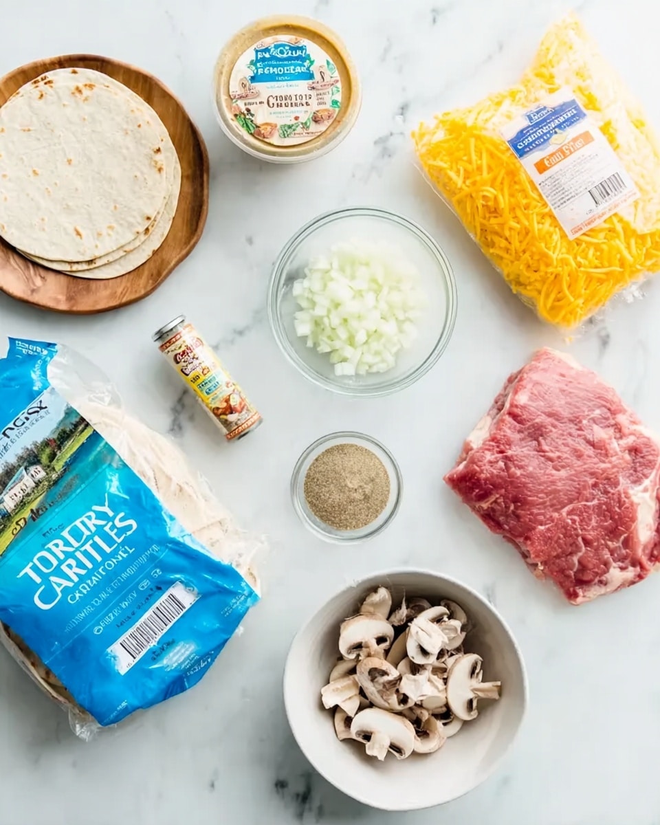 The image shows several ingredients placed on a white marbled surface. On the bottom left, a sealed pack of flour tortillas with a blue label is visible. Above it to the left, there is a container of original country crock spread. In the center top, a small glass bowl contains chopped white onions. To the right of the onions, a yellow bag holds shredded Mexican-style cheese. Below the cheese bag is a small glass bowl with small chopped mushrooms. Next to the mushrooms, a white bowl holds a raw piece of meat that is pinkish-red with some white marbling. Between the onions and mushrooms, there is a small container of seasoning labeled
