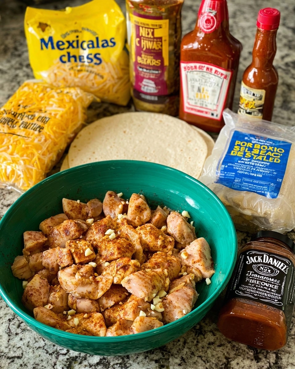 A close-up image shows a green bowl filled with raw, seasoned chicken pieces that have a light brown spice coating with small bits of garlic on top. Surrounding the bowl, there are four packages on a white marbled surface: a yellow bag of Mexican style shredded cheese on the left front, a white package of flour tortillas with a bright blue label on the right front, a bottle of barbecue sauce with a red and white label behind the bowl, and a bottle of hot honey with a red and white label behind the bowl next to the barbecue sauce. A small jar of Jack Daniel’s fire BBQ seasoning with a black lid and label is placed on the tortilla package. photo taken with an iphone --ar 4:5 --v 7