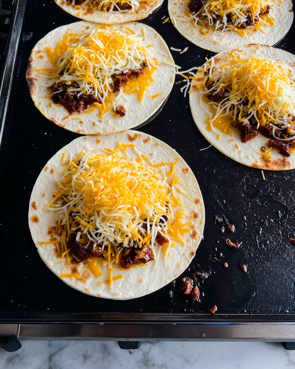The image shows four round tortillas on a black cooking surface. Each tortilla has a layer of melted yellow-orange cheese on one half, topped with dark grilled meat pieces, then a layer of shredded yellow and white cheese over the meat. The tortillas are soft and slightly browned in spots. The cooking surface is shiny with some melted cheese and small bits of cooked food around. The background below the cooker is a white marbled texture. photo taken with an iphone --ar 4:5 --v 7