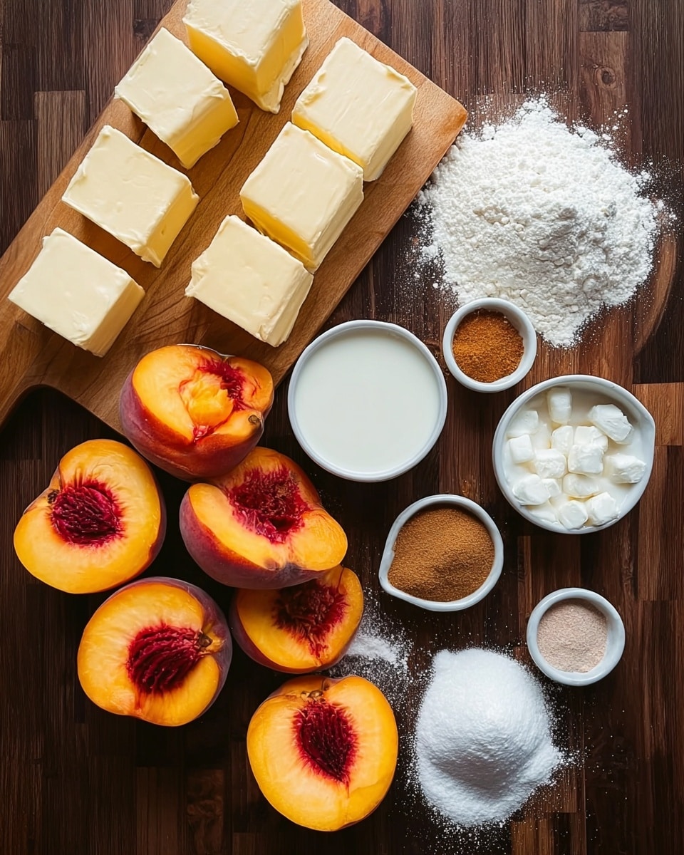 The image shows fresh peaches sliced in half with colorful orange and red tones, arranged on a dark wooden surface alongside several piles and blocks of pale yellow butter, and small mounds of white powders including flour and sugar. There are also small white porcelain bowls holding liquid cream and white sugar, and small piles of brown cinnamon powder and white salt scattered around. The items are neatly organized in rows, and the background is a white marbled texture. Photo taken with an iphone --ar 4:5 --v 7