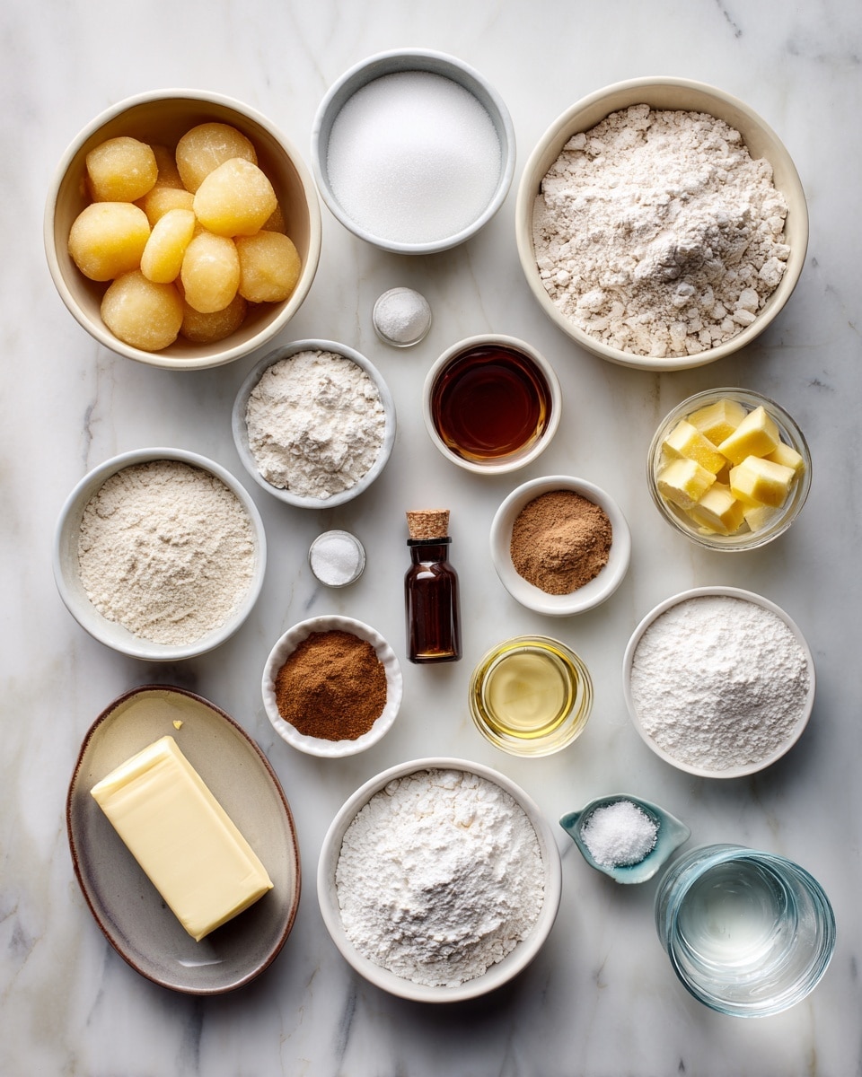 Top-down professional food photography flat lay style, bright white marble countertop, neatly arranged, evenly spaced, tidy, clean organized layout. Include: bowl of frozen peaches, small bowl of granulated white sugar, small bowl of brown sugar, small bottle of vanilla flavoring, small bottle of almond flavoring, small bowl of ground cinnamon, small bowl of ground nutmeg, small bowl of corn starch, small bowl of cream of tartar, small plate of unsalted butter (room temperature), small glass cup of water, small glass cup of fresh lemon juice, bowl of all purpose flour, small bowl of baking powder, small plate of cold unsalted butter stick, small glass cup of boiling hot water, small bowl of salt, small bowl of granulated sugar cinnamon mixture for dusting. Bright soft natural lighting, sharp focus, high detail textures, realistic reflections, professional DSLR look, 4K, no finished dish, no cooked food, no hands, no text, no watermark, no brand logos --ar 4:5 --v 7