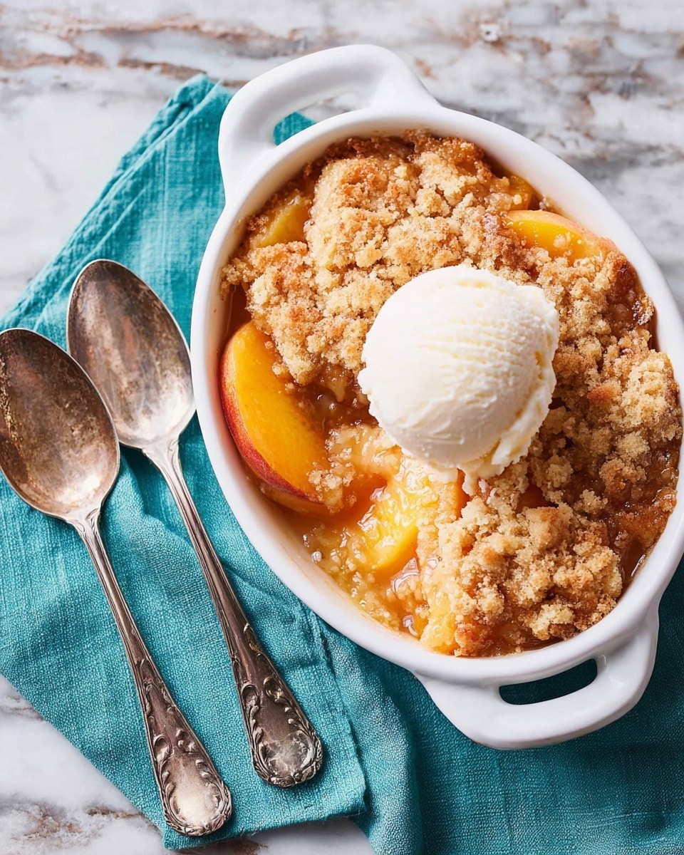 The image shows a small white oval dish filled with a peach cobbler. The bottom layer is soft, juicy peach slices in a warm orange color. On top of the peaches, there is a golden brown, crumbly biscuit topping with a slightly rough texture. A single scoop of creamy white vanilla ice cream rests on the center of the biscuit topping, starting to melt slightly. The dish sits on a white marbled surface with a folded teal cloth partly under it. Two antique silver spoons with ornate handles lie crossed to the left of the dish. Photo taken with an iphone --ar 4:5 --v 7