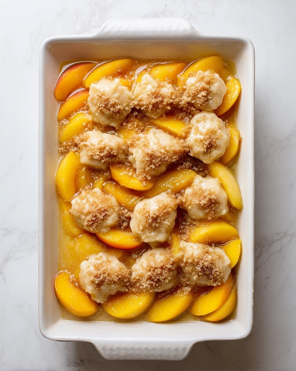 A white rectangular baking dish filled with sliced yellow and orange peaches arranged as the first layer, soaked in a light syrup that glistens slightly. On top, uneven dollops of light beige dough are placed, spaced evenly across the fruit, with a sprinkle of brown sugar covering the dough pieces. The dish is set on a white marbled surface, creating a clean and bright background. photo taken with an iphone --ar 4:5 --v 7
