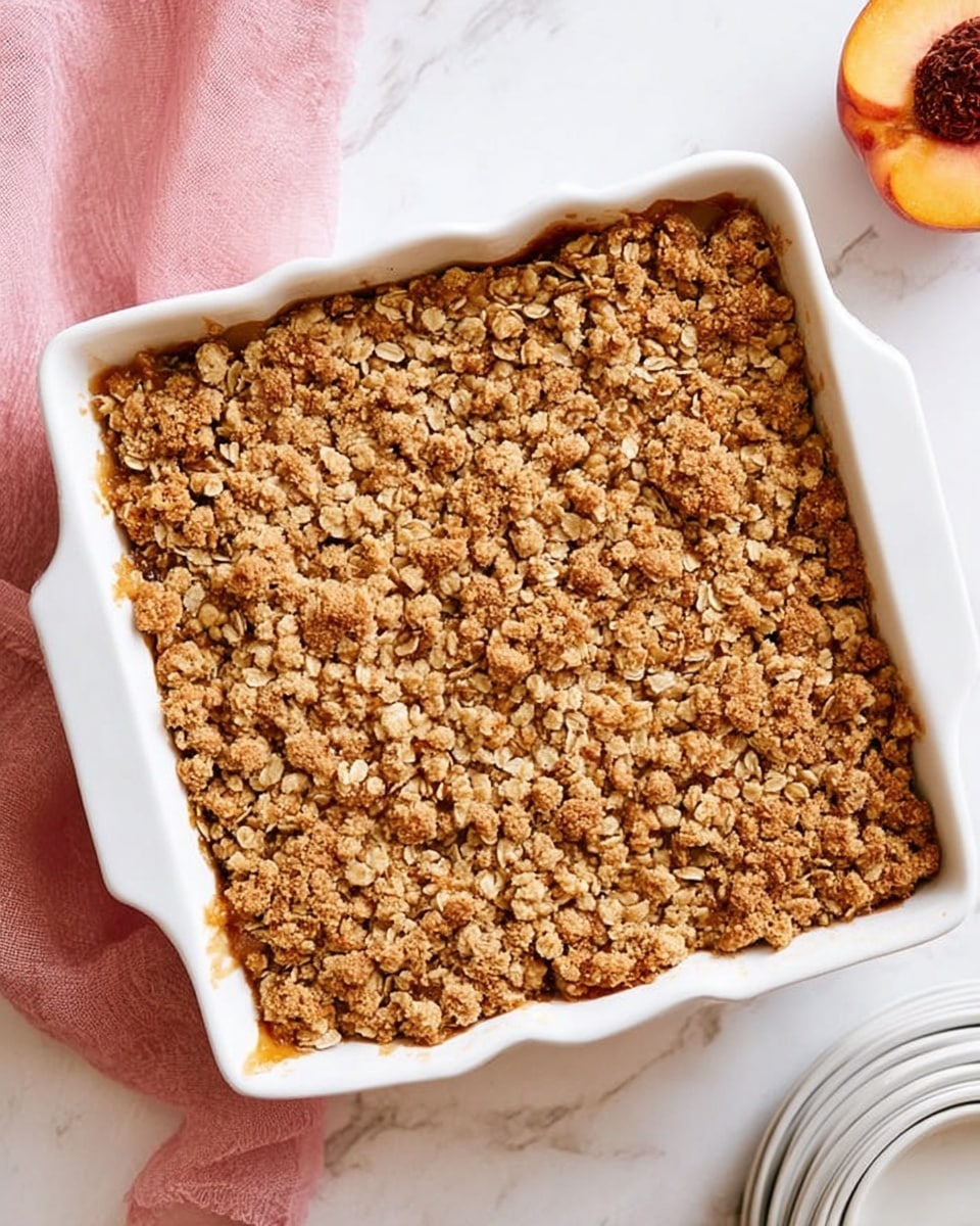 A square white baking dish filled with a thick, even layer of golden-brown oat crumble topping with visible oats and a rough, crumbly texture, covering an unseen fruit filling beneath. The dish sits on a white marbled surface, near a pink cloth and a halved peach with the pit showing. A stack of small white plates is partly visible in the lower right corner. photo taken with an iphone --ar 4:5 --v 7