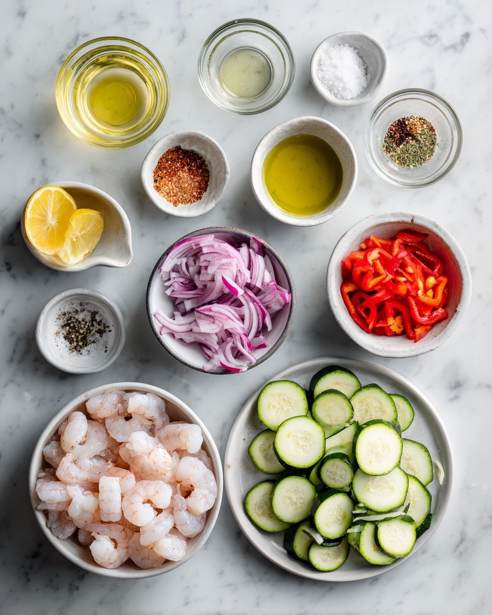 Top-down professional food photography flat lay style, bright white marble countertop, neatly arranged, evenly spaced, tidy, clean organized layout, include: small glass cup of lemon juice, small glass cup of olive oil, small bowls with onion powder, garlic powder, crushed red pepper, kosher salt, ground black pepper, bowl with peeled and deveined large shrimp pieces, plate with neatly sliced zucchini rounds, bowl with red onion pieces, bowl with red bell pepper pieces, bright soft natural lighting, sharp focus, high detail textures, realistic reflections, professional DSLR look, 4K, no finished dish, no cooked food, no hands, no text, no watermark, no brand logos --ar 4:5 --v 7