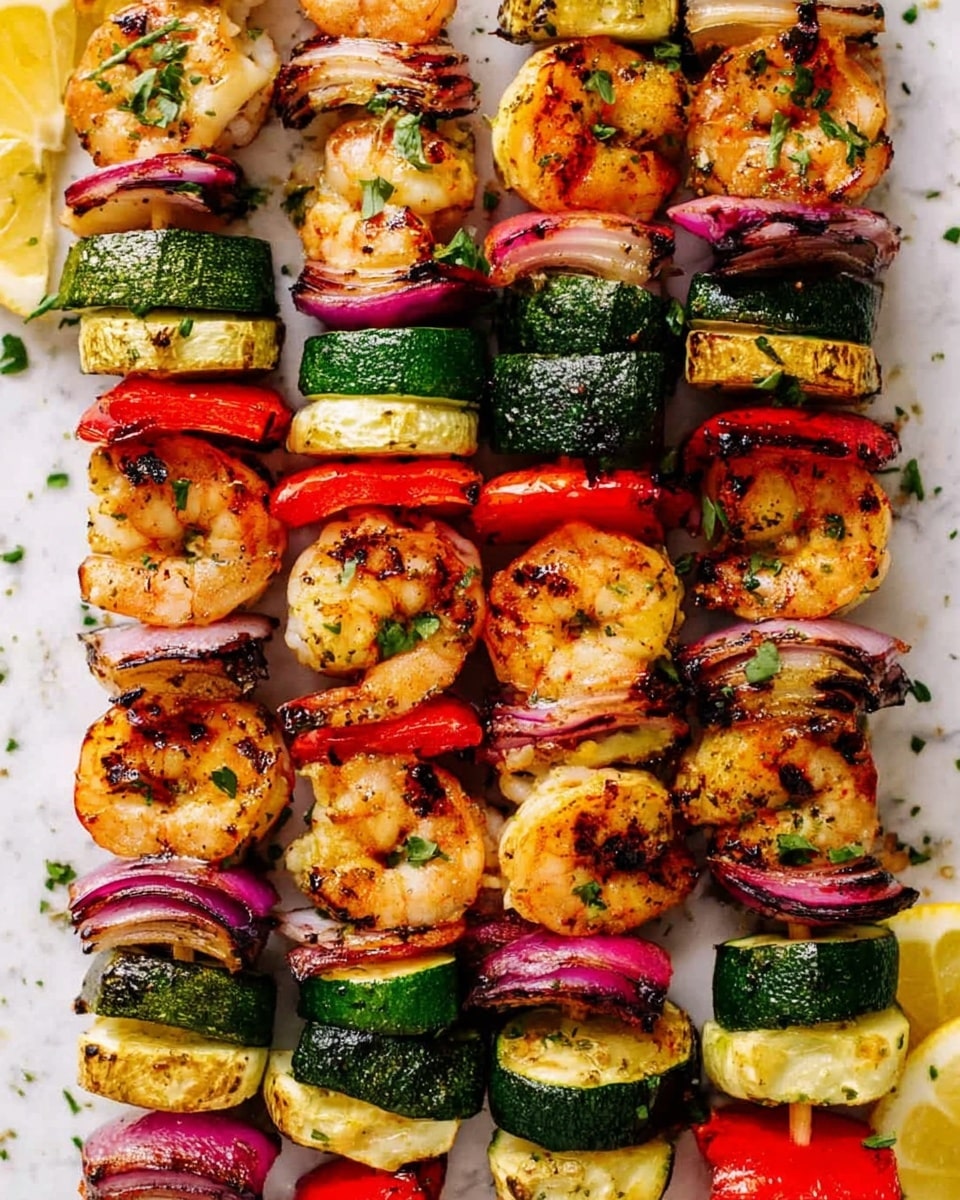 The image shows several skewers arranged side by side on a white marbled surface. Each skewer has multiple layers, starting with a chunk of grilled shrimp in light golden color with char marks, followed by thick green zucchini slices with visible grill lines, then bright red bell pepper pieces, and purple-red onion chunks. The layers alternate in this sequence several times, creating a colorful, textured pattern of grilled seafood and vegetables. Small green herb bits are sprinkled lightly on top, and there are lemon wedges placed at the edges of the scene. photo taken with an iphone --ar 4:5 --v 7