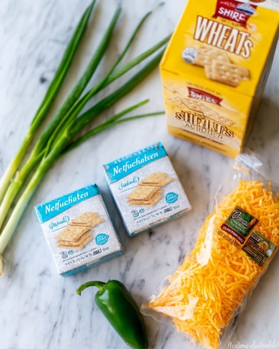 The image shows a white marbled surface with a box of yellow Wheat Thins crackers standing upright on the right side. In front of the box, there are two small square packages of Neufchatel cheese with light blue labels and pictures of crackers on them. To the right of the cheese packages, there is a bag of shredded sharp cheddar cheese with a clear window showing the orange cheese inside. On the left side of the image, there are three long green onions and a green jalapeño pepper laying flat on the surface. The photo taken with an iphone --ar 4:5 --v 7