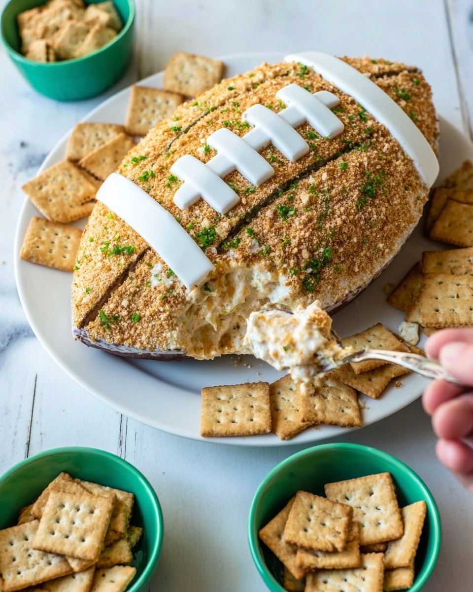 The image shows a layered football-shaped dip on a white plate with square crackers surrounding its edges. The dip is covered with a crumbly, light brown layer and has white stripes resembling football laces on top, made from a creamy white substance. There are small green herb pieces sprinkled over the surface, adding texture and color contrast. Two green bowls, each filled with the same crackers and a small scoop of the dip, are placed nearby on a white marbled surface. A woman's hand is holding a spoon scooping into the dip, revealing a creamy and chunky interior below the crumb topping. photo taken with an iphone --ar 4:5 --v 7