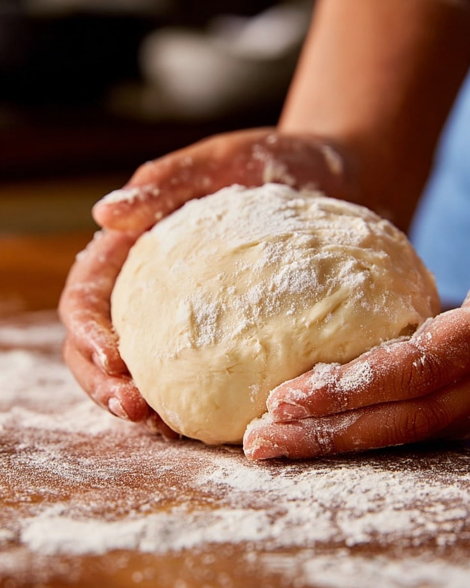 A close-up image shows a woman's hand gently holding a ball of pale, soft dough covered with a light dusting of flour. The dough has a smooth and slightly shiny texture. It rests on a wooden surface that is scattered with flour, adding a fine white powder contrast to the warm wood tones. The background is softly blurred, highlighting the dough and the woman's hand in the foreground. photo taken with an iphone --ar 4:5 --v 7