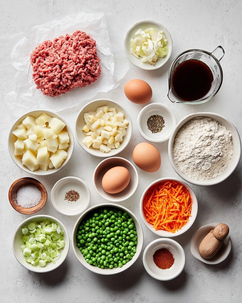 A white marble surface holds multiple small white bowls and dishes arranged neatly. In the center, raw ground meat sits on white parchment paper, surrounded by diced white potatoes in a white bowl, shredded orange carrots in another, and bright green peas in a small white bowl. There are two brown eggs, a bowl with diced white onions, and another with chopped celery. A small dish with minced garlic, a wooden bowl filled with black pepper, a white bowl with salt, and a large white bowl full of white flour are also present. Additionally, there is a glass measuring cup with dark broth and three small white bowls with various spices in shades of brown, red, and light beige. The scene has soft, even light and a clean, organized look. Photo taken with an iphone --ar 4:5 --v 7