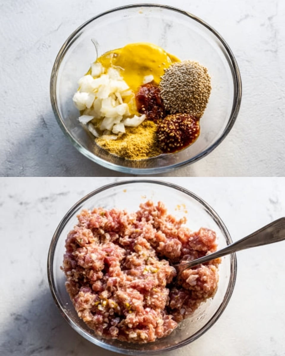 The image shows two clear glass bowls placed on a white marbled surface. The first bowl contains separate ingredients including raw ground meat, chopped white onions, a dollop of yellow mustard, a reddish sauce, chopped garlic, black pepper, sesame seeds, and a wet ingredient, likely an egg yolk or oil, all arranged separately within the bowl. The second bowl shows the same ingredients mixed together into a uniform, slightly chunky pinkish mixture with visible tiny bits of spices and onion throughout. A metal spoon is partially placed in the mixed bowl. The lighting is bright and natural. photo taken with an iphone --ar 4:5 --v 7