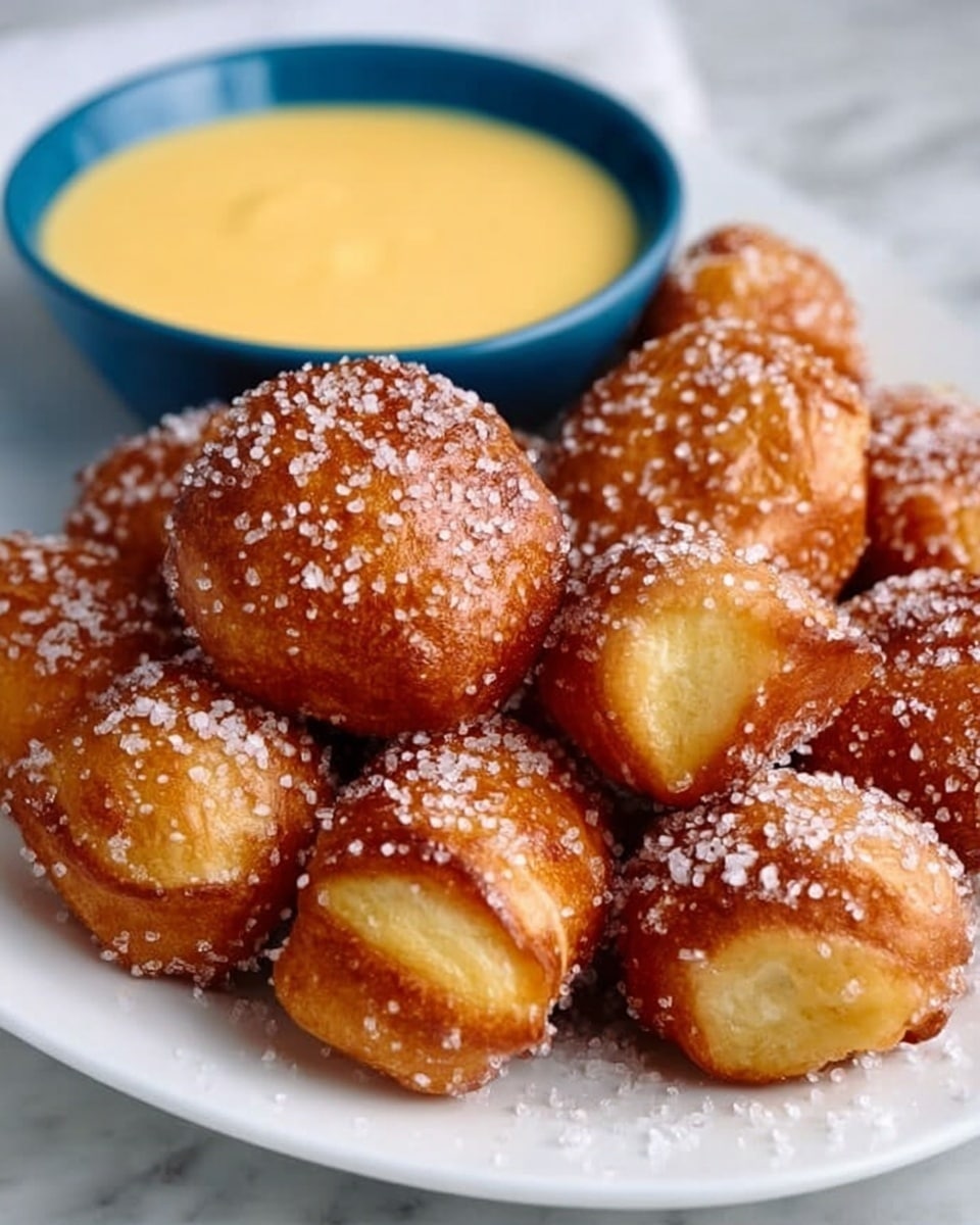 A white plate holds about ten round and square golden brown fried dough pieces, sprinkled with coarse white sugar crystals on top, showing a shiny, crispy outside texture. Behind them, there is a small blue bowl filled with smooth yellow custard sauce. The plate is placed on a white marbled surface. photo taken with an iphone --ar 4:5 --v 7
