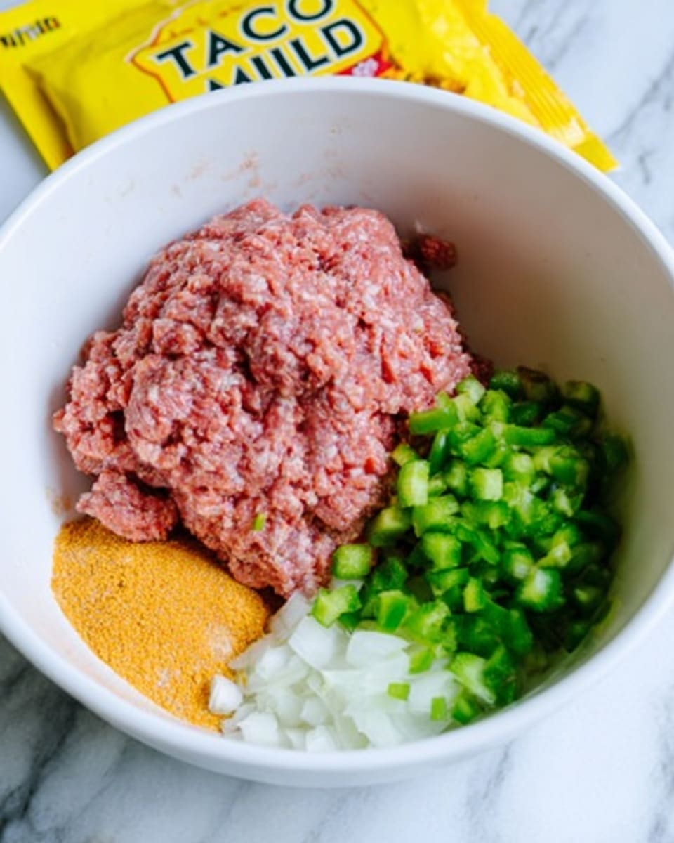 A white bowl on a white marbled surface holds four distinct ingredients, each in its own section inside the bowl. On the left side, there is a mound of raw ground meat with a pinkish-red color and slightly uneven texture. Next to it, on the bottom left, is a small pile of light orange powder. To the right of the meat, finely chopped green bell peppers with a fresh, crisp look fill part of the bowl. Closest to the top right inside the bowl, there is a small amount of finely chopped white onion. Behind the bowl, partially shown, is a yellow packet labeled