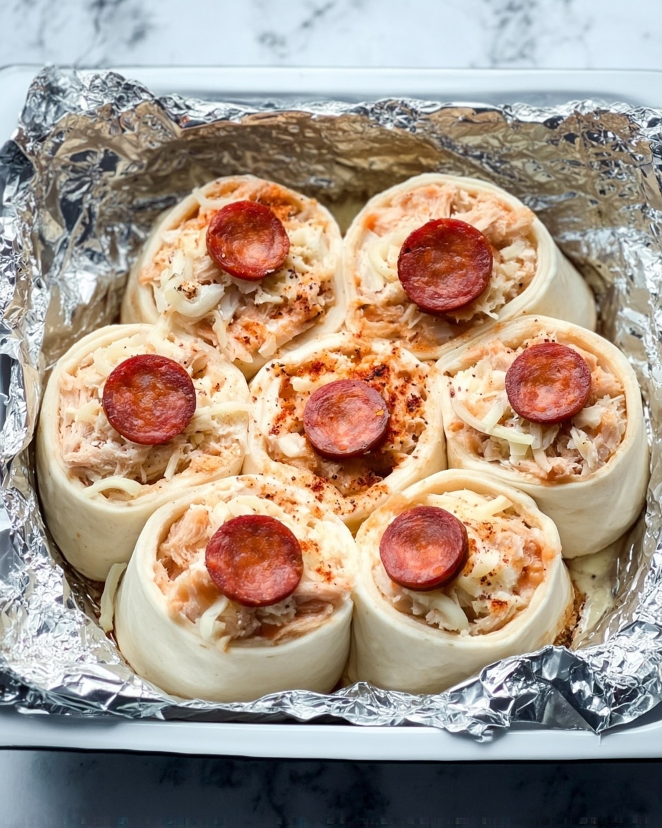 The image shows six rolled dough pieces arranged in a circle inside a white tray. Each roll is filled with shredded light brown chicken and some sauce inside the dough layers. On top of the rolls, there are small round slices of reddish sausage sprinkled across. The tray is surrounded by crumpled aluminum foil, and the background surface has a white marble texture. photo taken with an iphone --ar 4:5 --v 7
