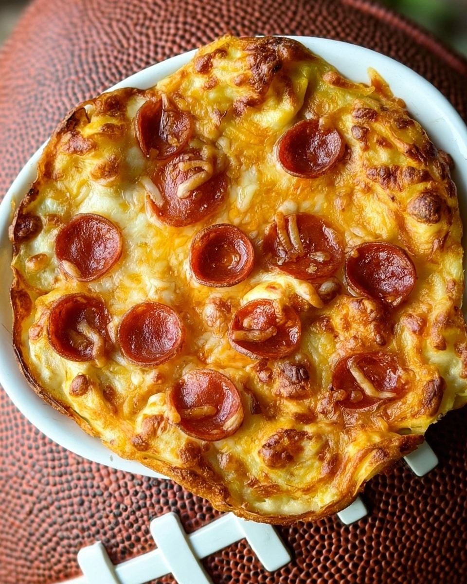 The image shows a round pizza with a soft, golden-brown crust forming a slightly uneven edge. The base has a mix of light yellow and melted orange cheese melted across the surface, with darker golden spots from baking. Scattered on top are small, round, reddish-brown slices of pepperoni, spread unevenly but mostly focused toward the center. The pizza rests on a white plate with a visible football-shaped brown and white textured surface beneath it. The overall look is warm and inviting with a mix of melted cheese and pepperoni textures. Photo taken with an iphone --ar 4:5 --v 7