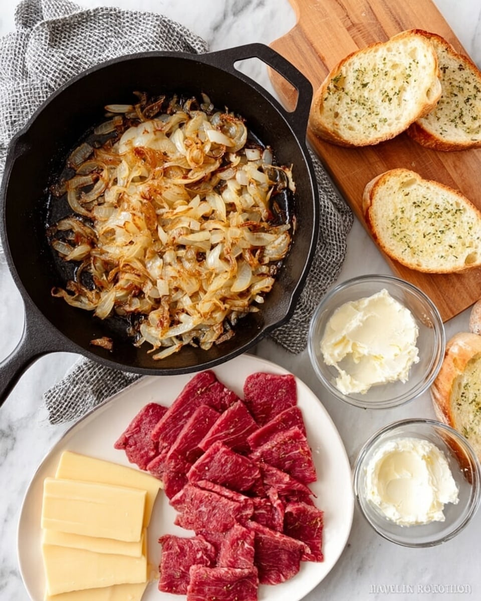 The image shows a black cast iron skillet on a white marbled surface, with golden brown caramelized onions inside, placed on top of a gray and white checkered cloth. Next to the skillet, there is a round white plate filled with thin slices of red raw beef. Below the plate, several round slices of pale yellow cheese are neatly stacked. To the right, there is a small clear glass bowl with white spreadable cheese or butter. On the far right side, there are three halves of toasted white bread with a light golden crust and some herb seasoning visible. Photo taken with an iphone --ar 4:5 --v 7