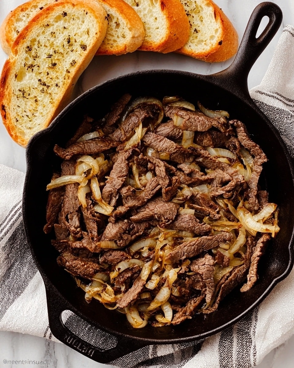 A black cast iron skillet filled with cooked thin strips of brown beef mixed with soft, lightly browned onion pieces fills the center of the image. The skillet rests on a white and gray striped cloth over a white marbled surface. To the top left of the skillet, there are three slices of toasted bread with a light golden-brown color and visible herbs. The overall look is warm and rustic, with a focus on the cooked meat and onions in the skillet. Photo taken with an iphone --ar 4:5 --v 7
