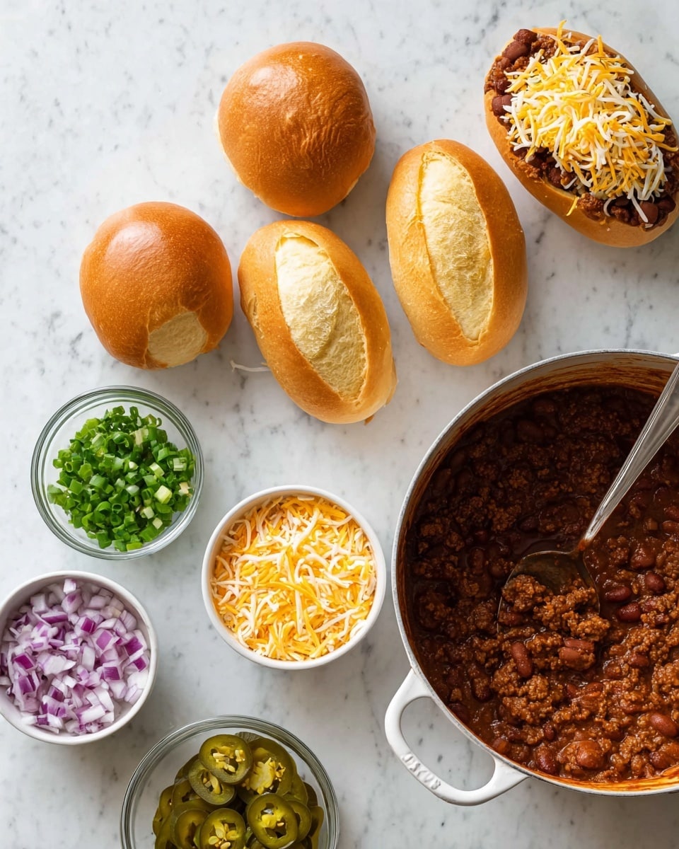 The image shows a food setup on a white marbled surface. There are six small oval bread rolls, five of them empty with a hollowed-out center showing a soft, light yellow inside, and one filled with chili topped with shredded white and yellow cheese and green chopped onions. To the right is a large white pot filled with thick brown chili containing beans and ground meat, with a silver spoon resting inside. Around the breads are small clear glass and white bowls with toppings; one bowl has green chopped onions, another has chopped red onions, a third holds shredded yellow and white cheese, and the last one contains sliced pickled jalapeños. The colors are warm and inviting, with the chili's rich brown and the fresh toppings adding green, white, yellow, and purple pops of color, creating a cozy and tasty atmosphere. photo taken with an iphone --ar 4:5 --v 7