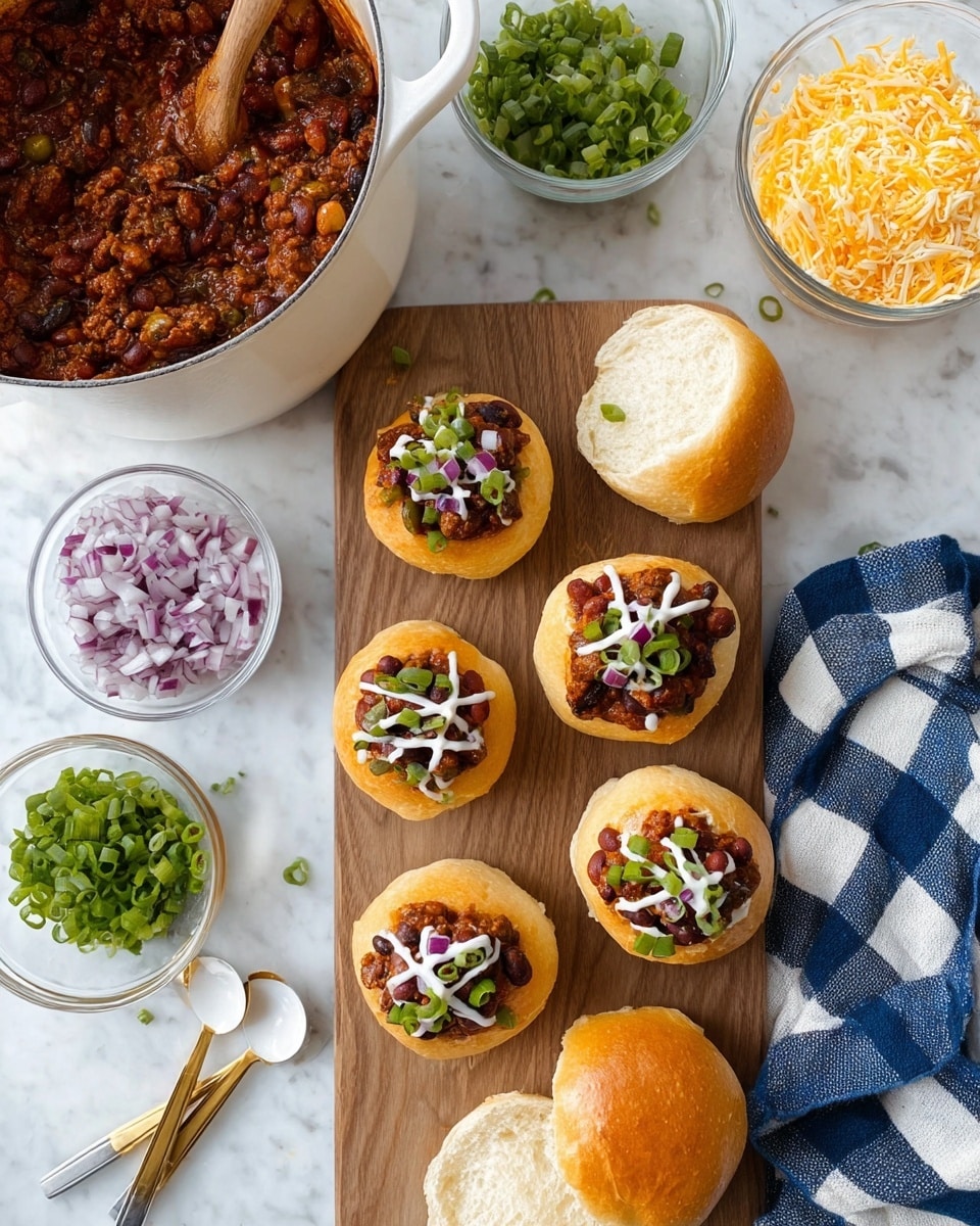 The image shows six small white bread rolls, four of which are filled with a dark brown chili mixture that has visible beans and small pieces of vegetables. Each filled roll is topped with chopped green onions, small bits of purple onions, and a cross pattern of white sauce on top. One bread roll is open and empty, showing its soft, light inside. The bread rolls rest on a wooden cutting board with a blue and white checkered cloth and two small white and gold spoons. Nearby, there is a small white bowl with chopped purple onions, a transparent bowl with shredded cheese, another transparent bowl with chopped green onions, and a large white cookware pot filled with the chili mixture. The background is a white marbled surface. Photo taken with an iphone --ar 4:5 --v 7