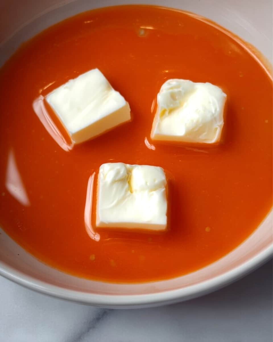 The image shows a close-up of a dish with a bright orange sauce as the base layer, smooth and glossy, filling a shallow white bowl. On top of the sauce, there are three square pieces of white butter, evenly spread out. The sauce surrounds the butter pieces, creating a shiny surface with soft reflections. The bowl sits on a white marbled surface, with a soft light that makes the colors of the sauce and butter stand out clearly. photo taken with an iphone --ar 4:5 --v 7