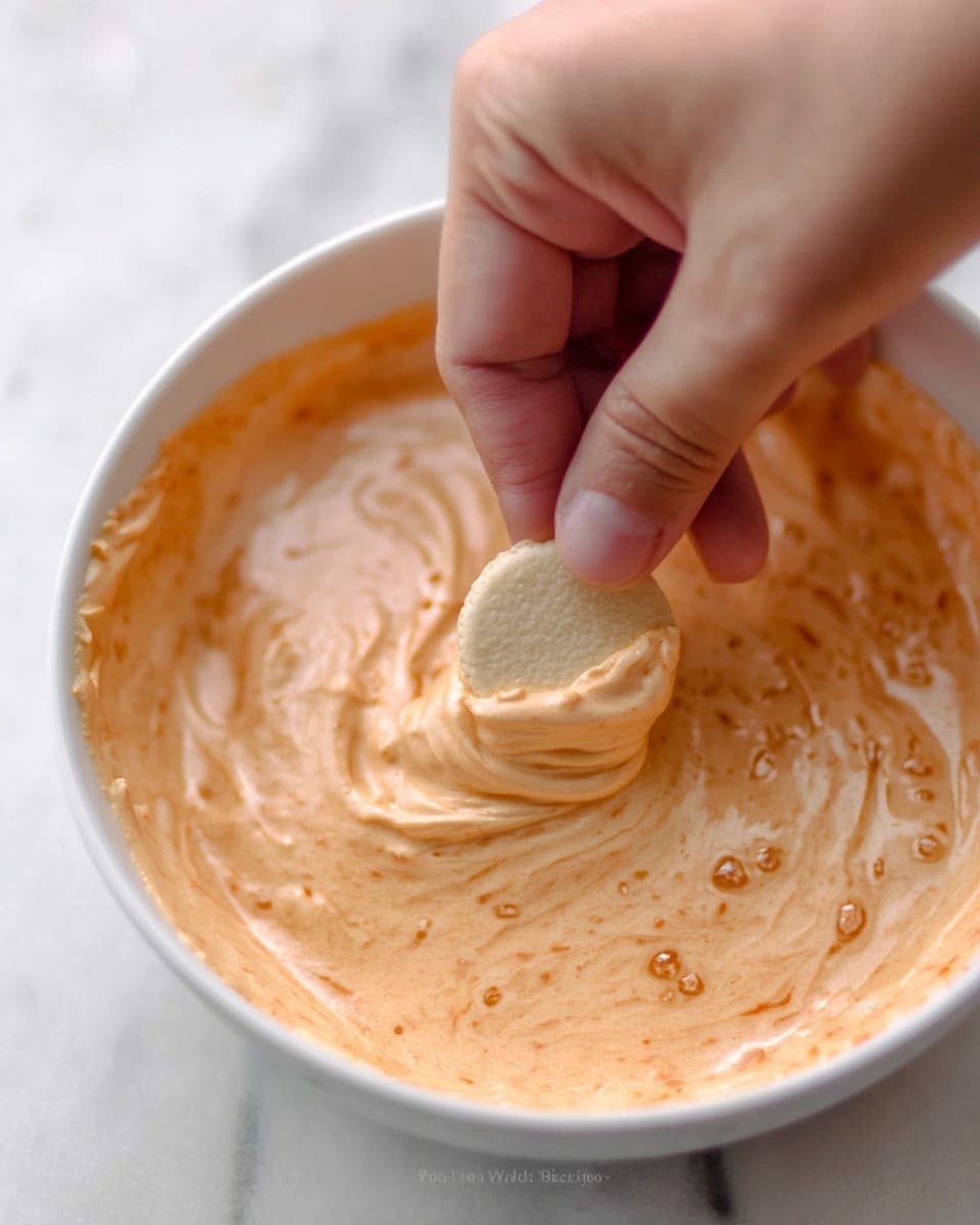 A woman's hand is dipping a small, round, light beige piece of bread into a bowl filled with a creamy, orange mixture that looks thick and slightly textured. The bowl is white and placed on a white marbled surface. The creamy mixture covers almost all parts inside the bowl, with swirls and small bubbles visible on top, showing a rich, smooth texture. photo taken with an iphone --ar 4:5 --v 7