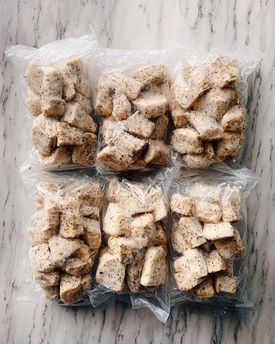 Eight clear plastic bags filled with light beige chunks of seasoned food, each piece speckled with black seasoning, are neatly arranged in two columns and four rows on a white marbled surface. The bags are slightly crinkled and stacked closely together, allowing the texture of the chunks inside to show clearly through the plastic. photo taken with an iphone --ar 4:5 --v 7