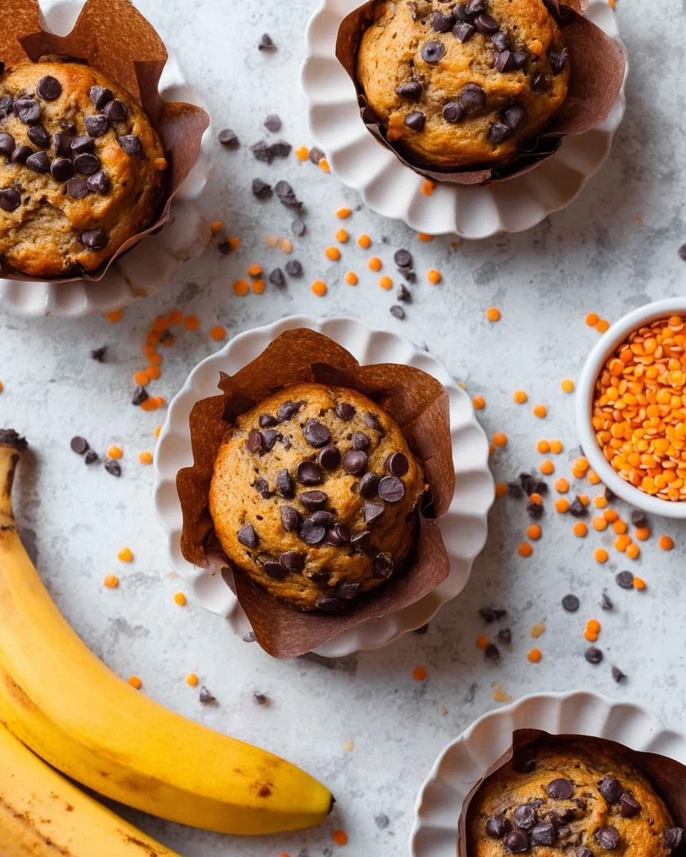 The image shows several muffins topped with dark chocolate chips, each baked in brown parchment paper liners and placed on white scalloped plates. The muffins have a golden brown color with a slightly bumpy texture and are scattered with more chocolate chips on top. Small orange lentils and loose chocolate chips are sprinkled around the muffins on a white marbled surface. Two ripe yellow bananas with brown spots are also visible on the surface near the muffins. photo taken with an iphone --ar 4:5 --v 7
