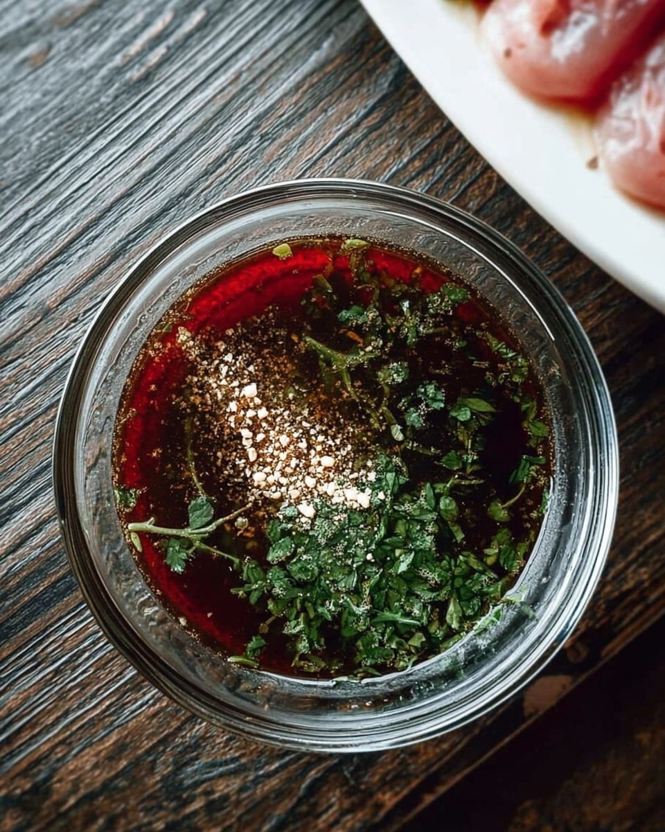 A clear glass bowl containing three visible layers: the bottom layer is a dark brown liquid, the middle layer is a red sauce covering part of the dark liquid, and the top layer is a mix of green chopped fresh herbs and a sprinkling of small dried beige flakes scattered unevenly on the red sauce. The bowl is placed on a dark wooden surface. In the top right corner, part of a white plate with light pink pieces of raw meat is visible. Photo taken with an iphone --ar 4:5 --v 7