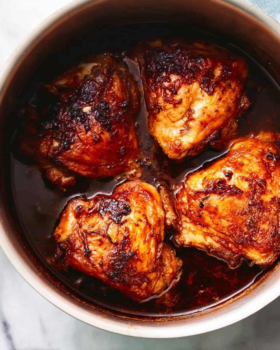 A round cooking pot filled with four large, golden-brown chicken pieces, each with crispy, slightly charred skin showing a mix of dark brown and deep red colors from the cooked sauce. The chicken sits in a glossy, thick dark sauce pooling at the bottom of the pot. The pot has a soft shine, and the outside edge is white. The background shows a white marbled texture. photo taken with an iphone --ar 4:5 --v 7
